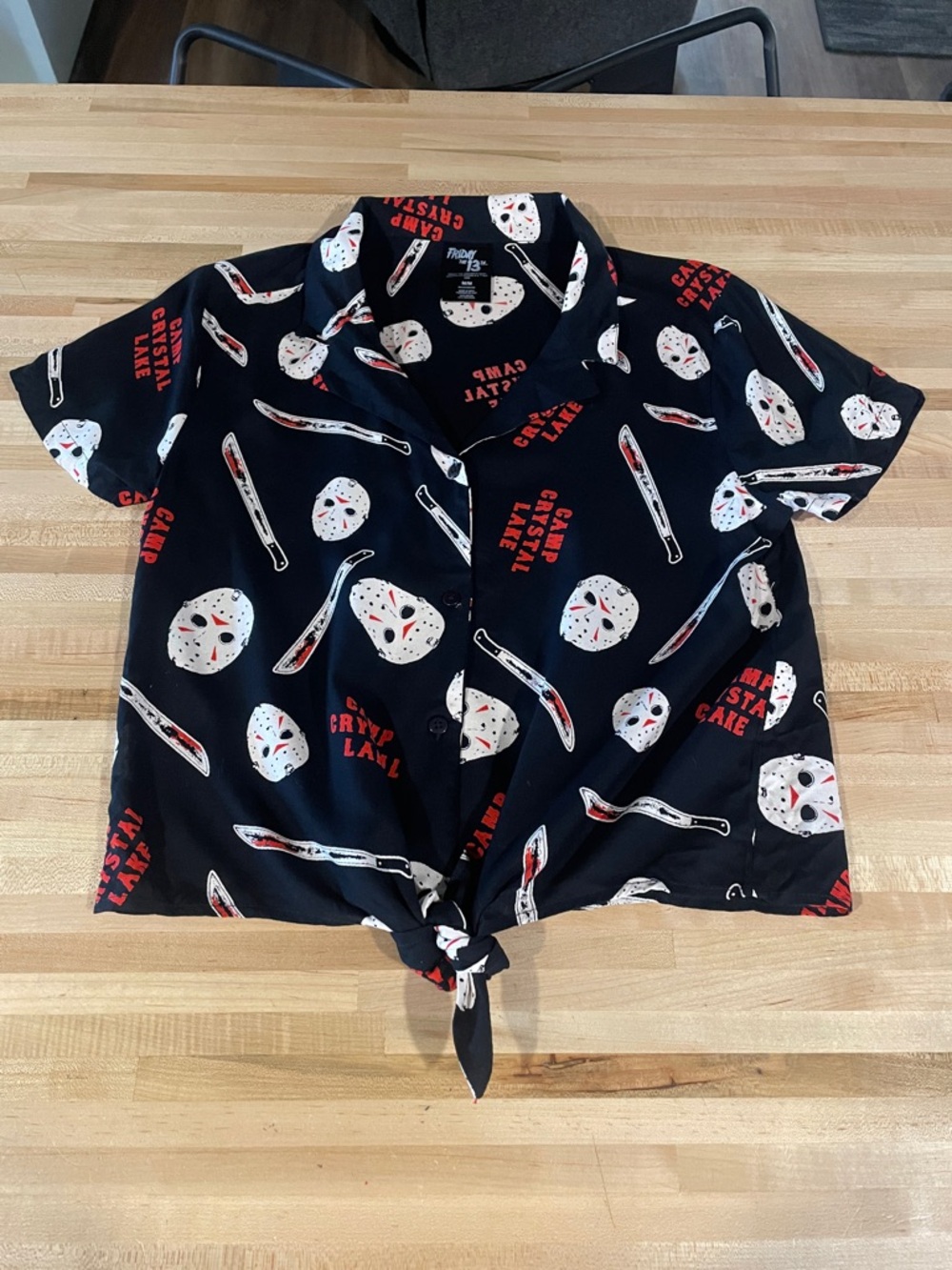 Black Tie-Front Short Sleeve Blouse with Horror Mask Print Jason Vorhees Grunge